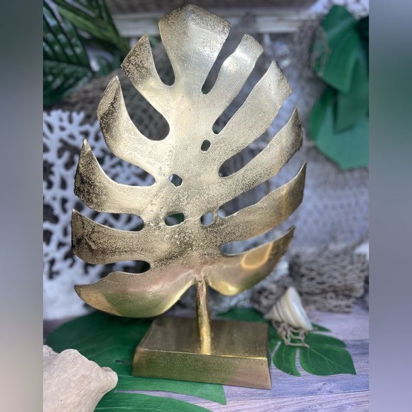 NEW LARGE Metal Brass Monstera Leaf Sculpture COASTAL NAUTICAL BEACH HOME DECOR - Picture 11 of 17